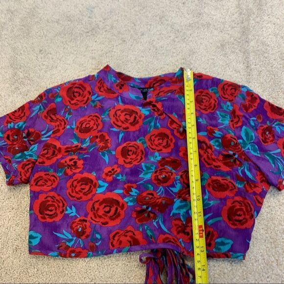 Zara round neck floral rose crop top short sleeve Sz S purple red blue NWT - Picture 7 of 10